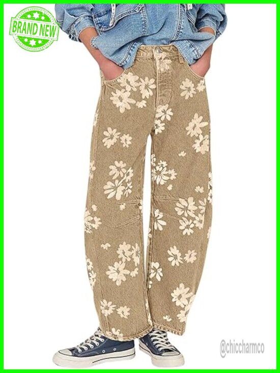 Denim - Y2k Distressed Barrel Jeans Floral Printed Patchwork Denim Pants